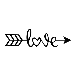 Black steel wall art piece featuring the word 'love' integrated into an arrow design. The arrow starts with a traditional feathered tail on the left, transitions into cursive lettering forming the word 'love', and ends with a pointed arrowhead on the right. The design is sleek and minimalist, suitable for various decor styles.